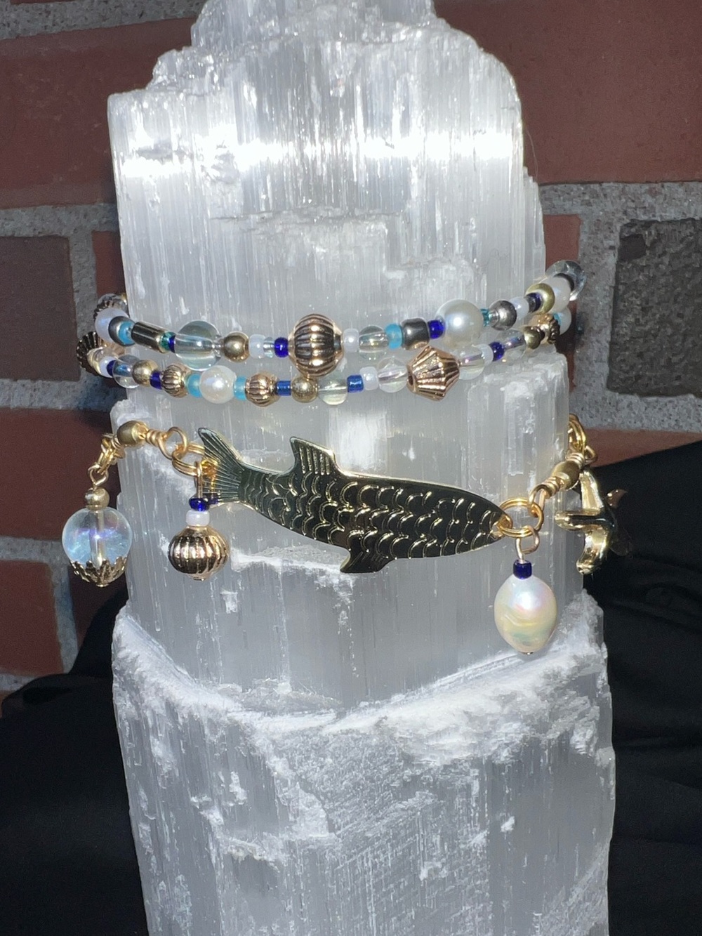 Gold Fish Charm Beaded Bracelet with Pearls and Accent Bracelets